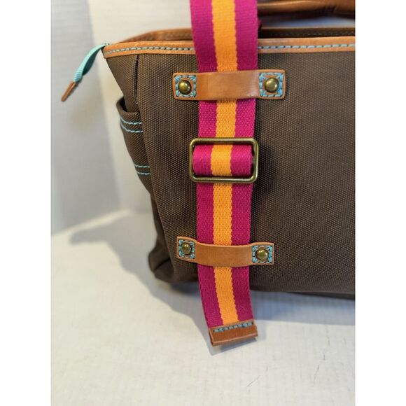 GAP 1969 Heavy Duty Brown Canvas Handbag Leather Trim Orange and Pink Stripes - Picture 3 of 16